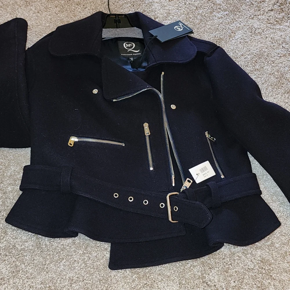 ALEXANDER MCQUEEN NWT MCQ NAVY WOOL STRUCTURED PEPLUM MOTO LINED PEA COAT … - Picture 8 of 12